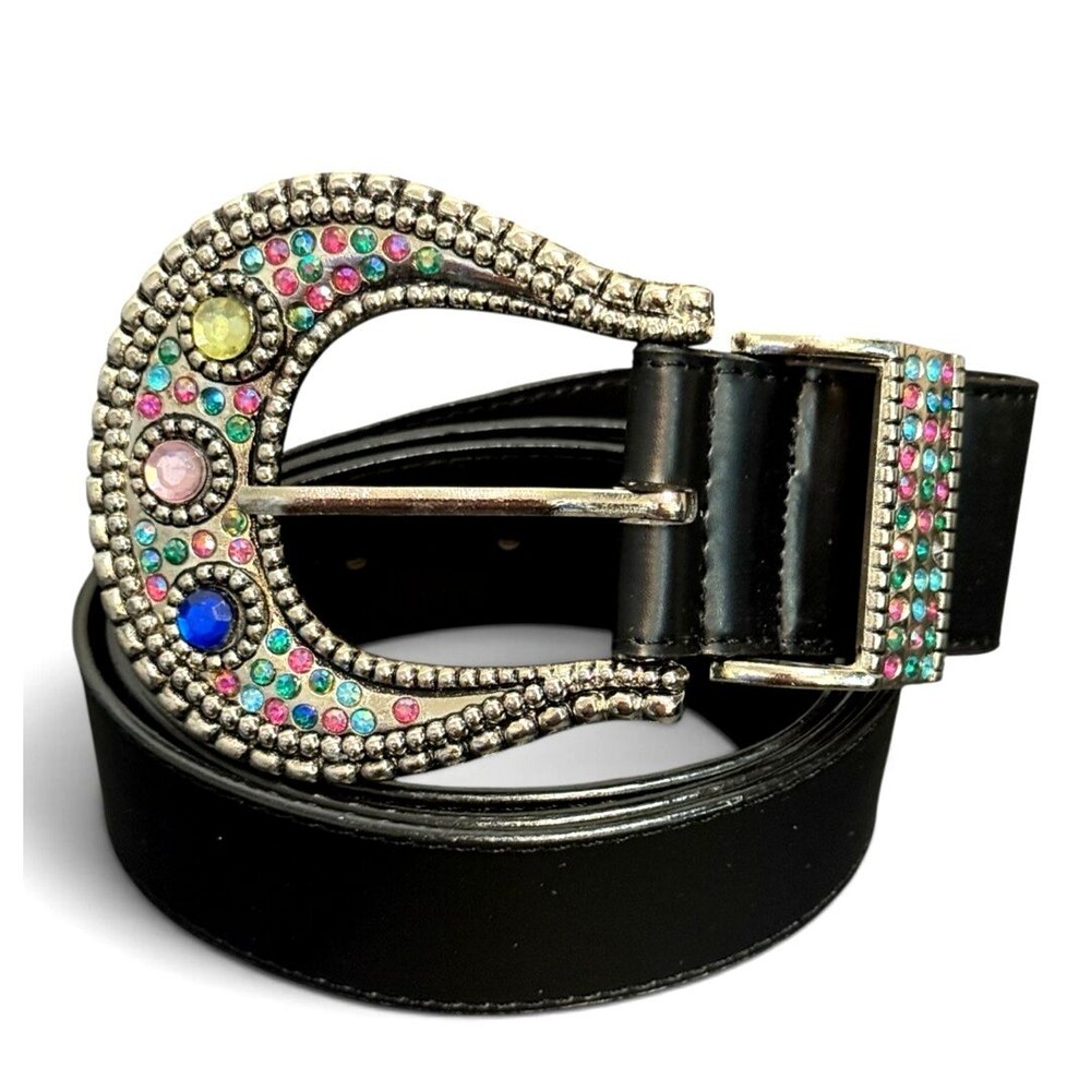 Womens Rhinestone Bling Black Adjustable Vinyl Silver Color Buckle 40" New